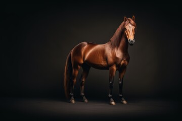 A stunningly realistic equine photo captures a brown horse with a human torso, rearing on its hind legs in a dark room.