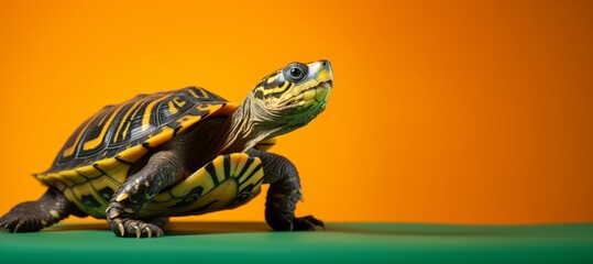 An anthropomorphic turtle hero is portrayed sitting on a green surface against an orange background.