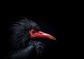 Obraz premium A highly realistic portrait shot captures a black bird with a long, shiny red beak against a deep black background.