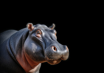 An award-winning, highly realistic portrait features a morphed face of a pygmy hippopotamus on a black background.