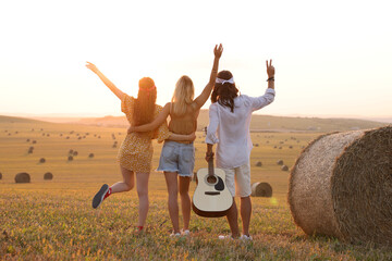 Hippie friends with guitar showing peace signs in field, back view