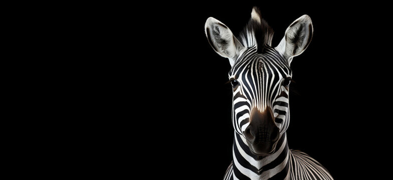 A highly realistic frontal portrait of a zebra's face, with distinctive stripes, is set against a black background.