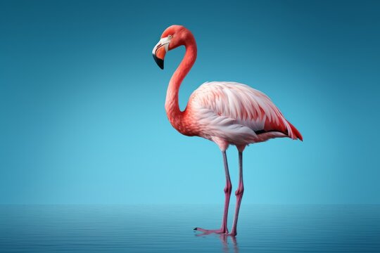A hyperrealistic illustration presents a graceful flamingo standing in the middle of a body of water.