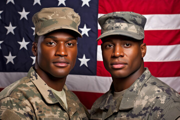 Two handsome US soldiers in military uniform pose for a portrait in front of an American flag.