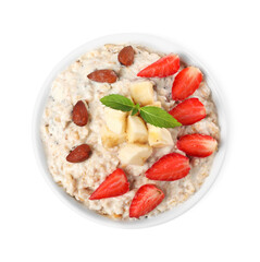 Tasty boiled oatmeal with strawberries, banana and almonds in bowl isolated on white, top view