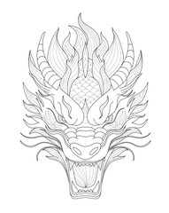Dragon angry head with open mouth, coloring book page for adults, detailed
