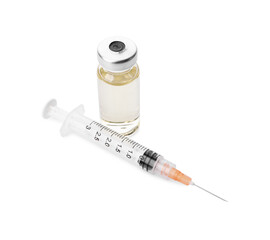 Disposable syringe with needle and vial isolated on white