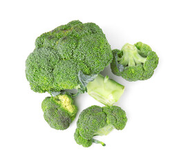 Pile of fresh raw green broccoli isolated on white, top view