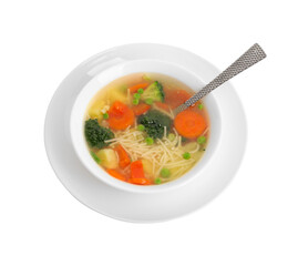 Delicious vegetable soup with noodles and spoon isolated on white, above view
