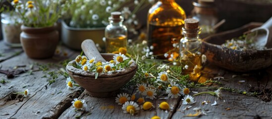 Herbal medicine made with healing herbs and chamomile oil on a wooden table. - obrazy, fototapety, plakaty