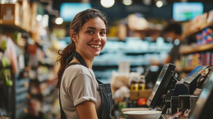 Portrait of a young woman working in a coffee shop and smiling - obrazy, fototapety, plakaty