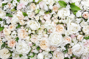 Delicate blooming festive roses and pink summer flowers, blossoming rose flower soft pastel background, bridal bouquet floral card, selective focus
