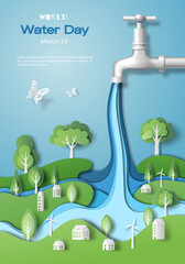 World Water Day, the city is nourished by the water that runs out of the tap. Paper illustration and 3d paper.