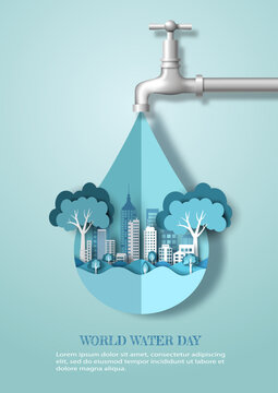 World Water Day, save water, a water drop with a city inside. Paper illustration and 3d paper.