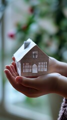 Little house in the hands of a child. The concept of buying a house.