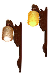 Stylish wooden wall lamp , turned off and on on isolated transparent background