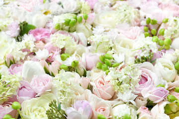 Delicate blooming festive roses and pink summer flowers, blossoming rose flower soft pastel background, bridal bouquet floral card, selective focus