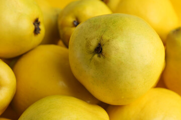 Delicious ripe quinces as background, closeup view