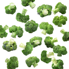 Fresh green broccoli falling on white background