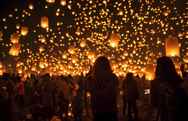 People in a crowd of lanterns flying in the air