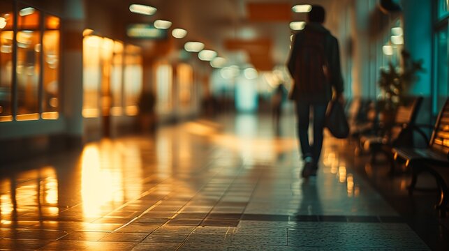 Blurred image of a man walking in the lobby of an airport