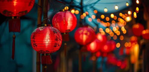 Red and gold chinese lanterns hang from poles