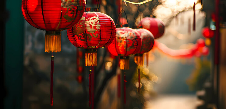 Red and gold chinese lanterns hang from poles