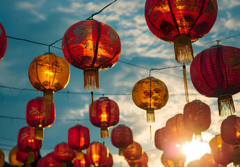 Fototapeta na wymiar Red and gold lanterns and traditional lanterns are floating in the sky