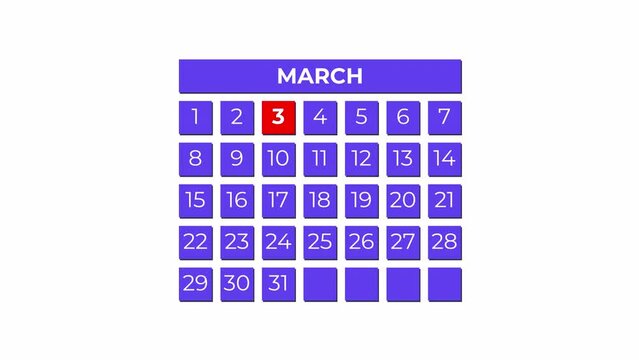 3rd March calendar icon animation. Alpha matte with transparent background 4K resolution.
