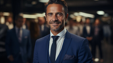 CEO - business executive - profile shot - blue business suit - bakeh elements - stylish fashion - leadership - manager

