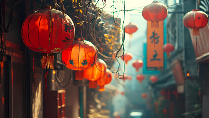 Red chinese lanterns hanging in the street