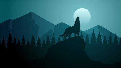 Wildlife wolf landscape vector illustration. Silhouette of wolf howling at full moon night. Wildlife wolf landscape for illustration, background or wallpaper - obrazy, fototapety, plakaty