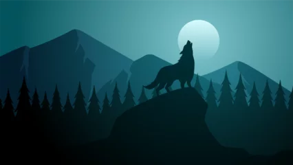 Poster Wildlife wolf landscape vector illustration. Silhouette of wolf howling at full moon night. Wildlife wolf landscape for illustration, background or wallpaper © Moleng
