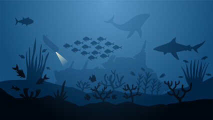 Underwater seascape vector illustration. Deep seascape with shipwreck, submarine, fish and coral reef. Undersea landscape for illustration, background or wallpaper © Moleng24