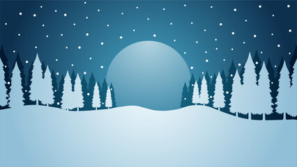 Winter pine forest landscape vector illustration. Silhouette of snow covered coniferous in the night. Snowy pine forest landscape for background, wallpaper or christmas