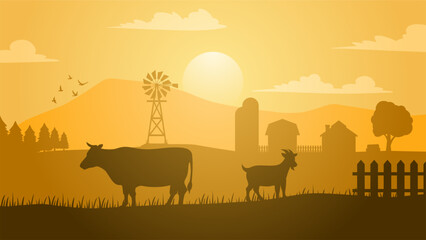 Farmland landscape vector illustration. Countryside silhouette with livestock cow and goat. Rural agriculture landscape for illustration, background or wallpaper - obrazy, fototapety, plakaty