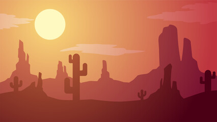 Desert landscape vector illustration. Canyon desert silhouette landscape with sunset sky. Wild west desert landscape for illustration, background or wallpaper. American desert vector illustration - obrazy, fototapety, plakaty