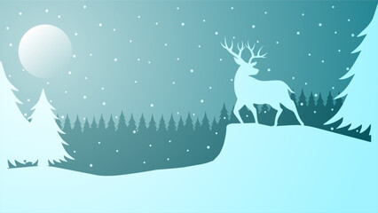 Fototapeta na wymiar Winter landscape vector illustration. Winter silhouette with deer and pine forest at the snow hill. Cold season landscape for illustration, background or wallpaper