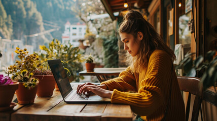 woman working in laptop in garden - obrazy, fototapety, plakaty