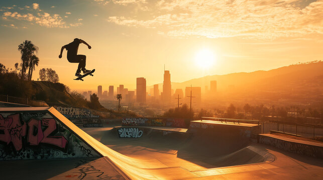 A skateboarder executing an impressive aerial trick at a graffiti-adorned skatepark with a stunning urban skyline in the background