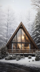 Wooden house chalet cottage near the river covered with snow in winter with the lights on - obrazy, fototapety, plakaty