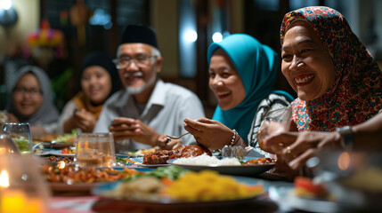 Muslim families having Iftar dinner during Ramadan at home