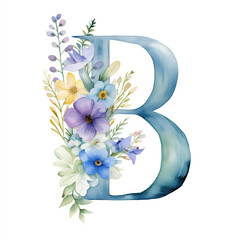 Letter B, alphabet letters with watercolor flowers and leaves. Floral monogram initials perfectly for wedding invitation, greeting card, logo, poster and other. Holiday design hand painting.