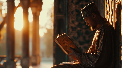 Muslim Reading The Koran in the mosque near the window