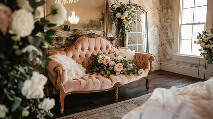 Romantic Bridal Suite: Blush Settee & Aromatic Elegance