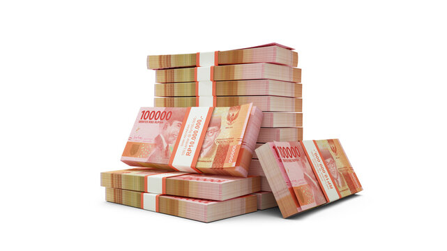 3d rendering of Stacks of Indonesian rupiah notes. bundles of Indonesian currency notes isolated on white background