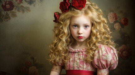 A vintage portrait of an innocent looking young blond girl with roses in her hair.