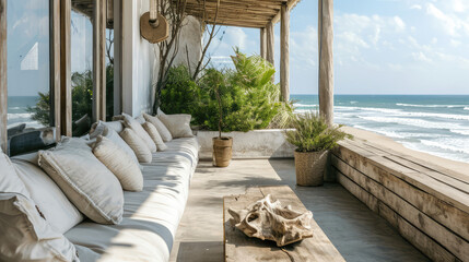 Fototapeta na wymiar Nautical Beach House: Sand-Colored Sofa Serenity