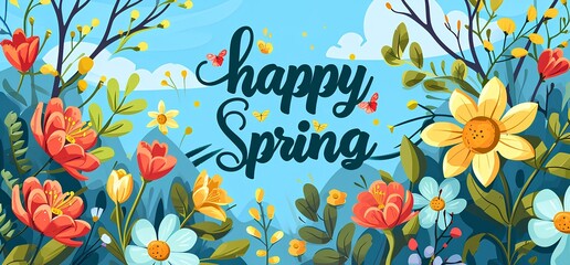 Fototapeta na wymiar simple spring background with the inscription text happy spring on it, cartoon style. generative AI