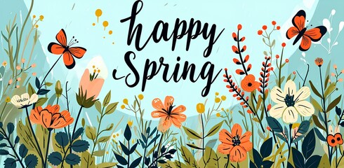 simple spring background with the inscription text happy spring on it, cartoon style. generative AI - obrazy, fototapety, plakaty